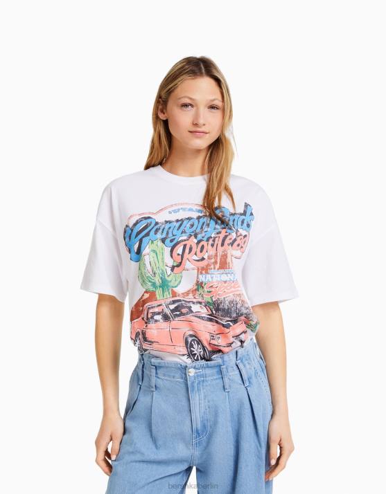 Weiss Bershka Frauen Kurzarm-T-Shirt mit Aufdruck H00J442
