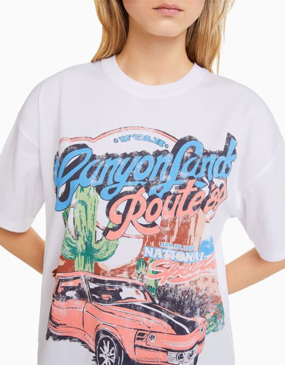 Weiss Bershka Frauen Kurzarm-T-Shirt mit Aufdruck H00J442