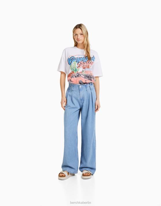 Weiss Bershka Frauen Kurzarm-T-Shirt mit Aufdruck H00J442