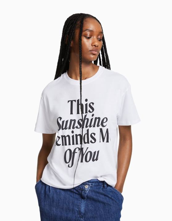 Weiss Bershka Frauen Kurzarm-T-Shirt mit Aufdruck H00J543