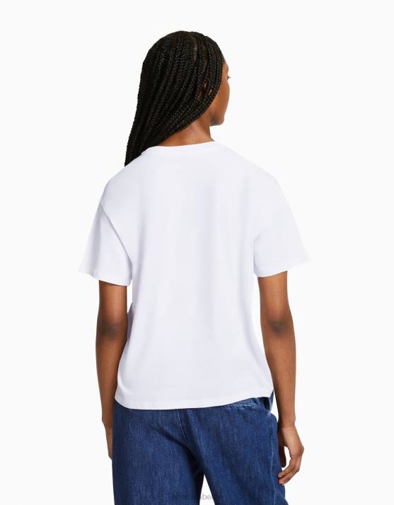 Weiss Bershka Frauen Kurzarm-T-Shirt mit Aufdruck H00J543