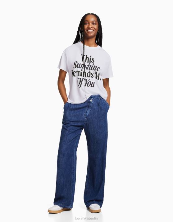 Weiss Bershka Frauen Kurzarm-T-Shirt mit Aufdruck H00J543