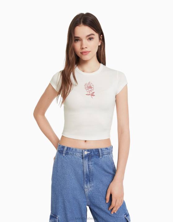Weiss Bershka Frauen Kurzarm-T-Shirt mit Aufdruck H00J595