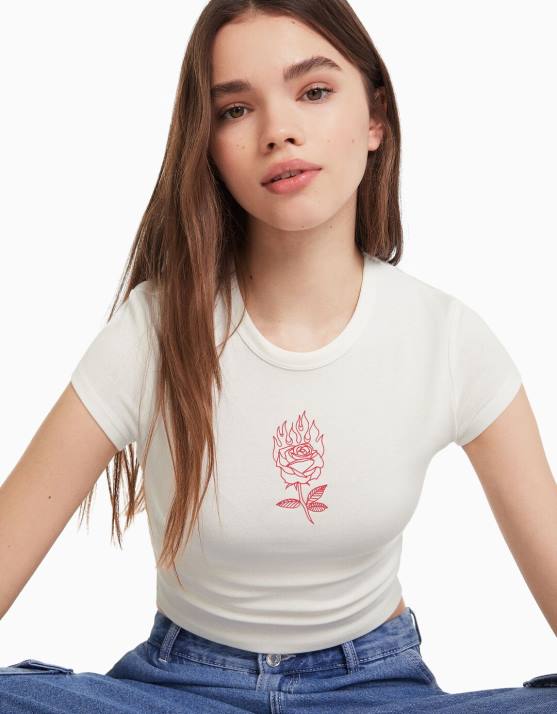 Weiss Bershka Frauen Kurzarm-T-Shirt mit Aufdruck H00J595