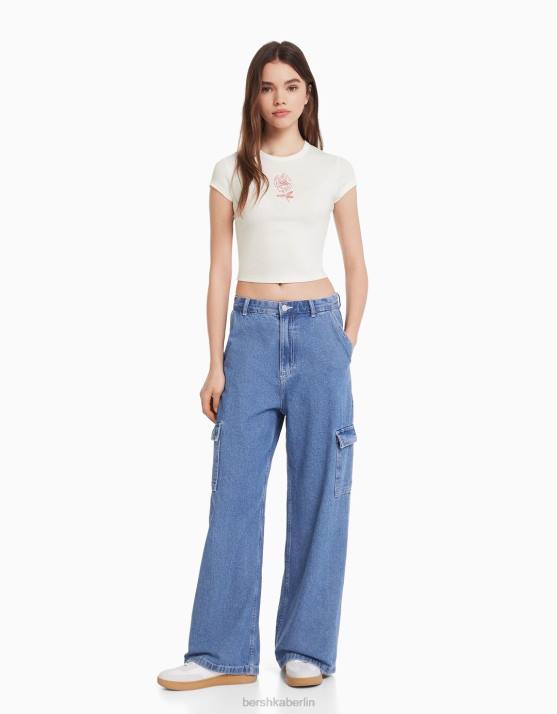 Weiss Bershka Frauen Kurzarm-T-Shirt mit Aufdruck H00J595