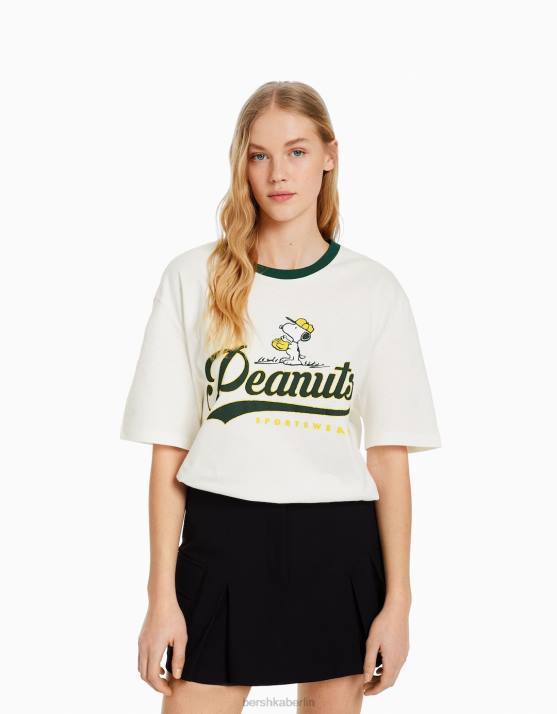Weiss Bershka Frauen Kurzarm-T-Shirt mit Snoopy-Print H00J564