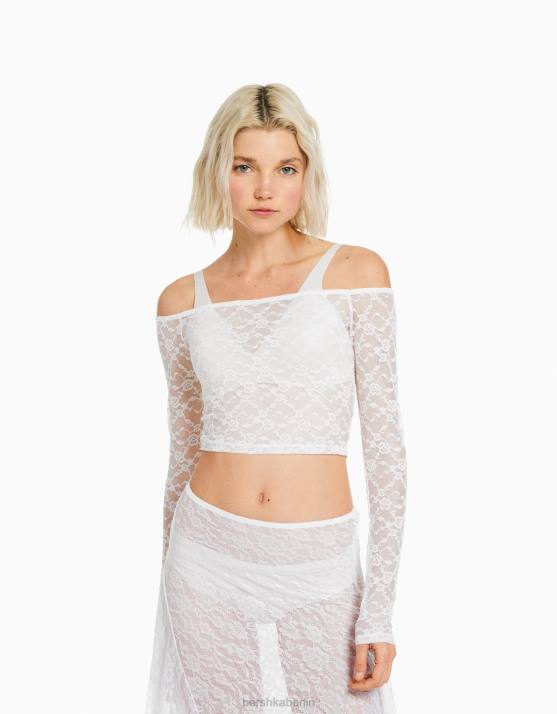 Weiss Bershka Frauen Langärmliges blondes Spitzentop H00J501