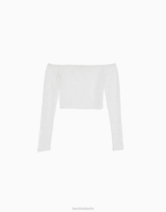 Weiss Bershka Frauen Langärmliges blondes Spitzentop H00J501