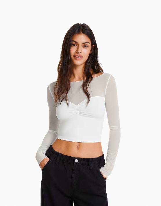 Weiss Bershka Frauen Langärmliges, kurz geschnittenes T-Shirt mit Kontraststoff H00J498
