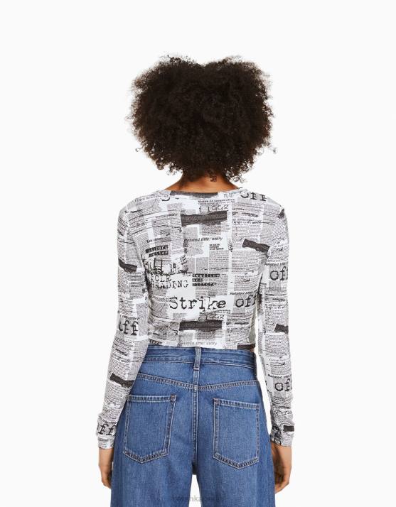 Weiss Bershka Frauen Langarm-T-Shirt mit Aufdruck H00J614