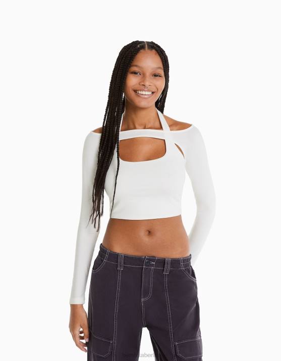 Weiss Bershka Frauen Langarm-T-Shirt mit Kragendetail H00J538