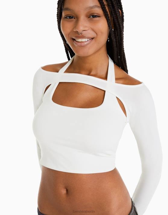 Weiss Bershka Frauen Langarm-T-Shirt mit Kragendetail H00J538