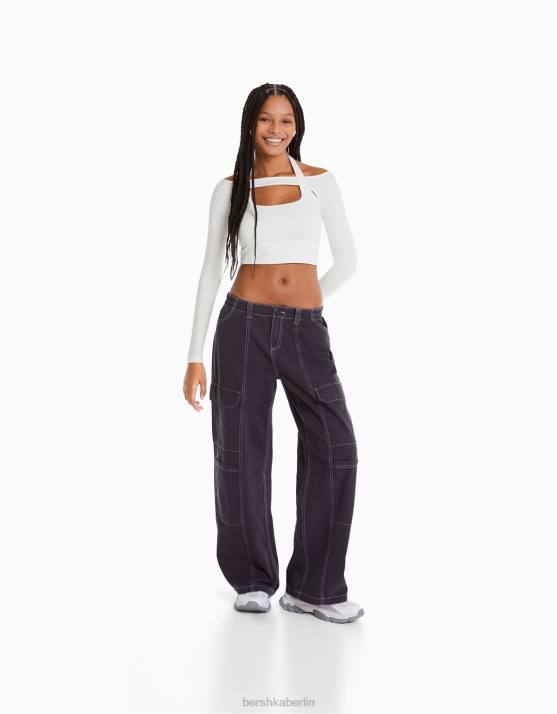 Weiss Bershka Frauen Langarm-T-Shirt mit Kragendetail H00J538