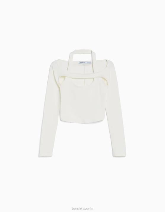Weiss Bershka Frauen Langarm-T-Shirt mit Kragendetail H00J538