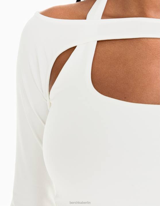 Weiss Bershka Frauen Langarm-T-Shirt mit Kragendetail H00J538