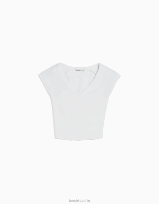 Weiss Bershka Frauen Tailliertes T-Shirt mit V-Ausschnitt und kurzen Raglanärmeln H00J367