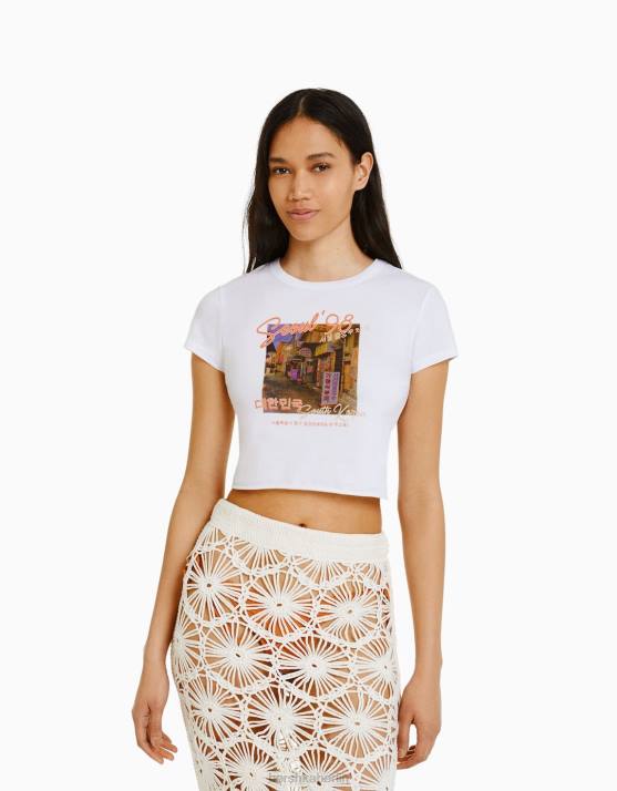 andere Bershka Frauen Kurzarm-T-Shirt mit Aufdruck H00J365