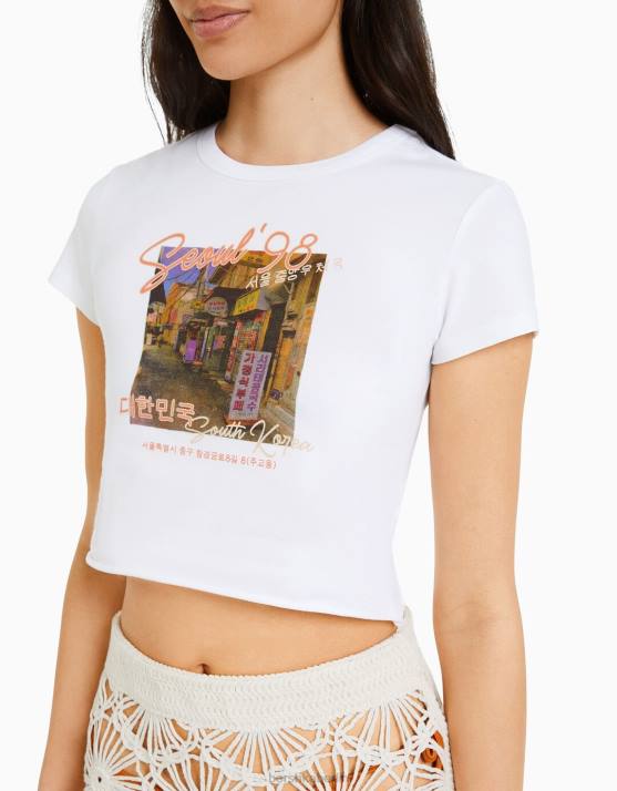 andere Bershka Frauen Kurzarm-T-Shirt mit Aufdruck H00J365