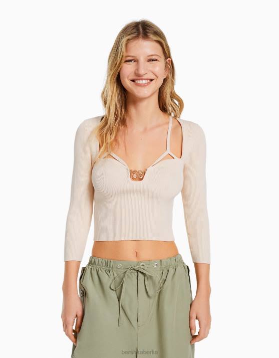 andere Bershka Frauen Strickoberteil mit Ausschnitt und Perlendetail H00J500