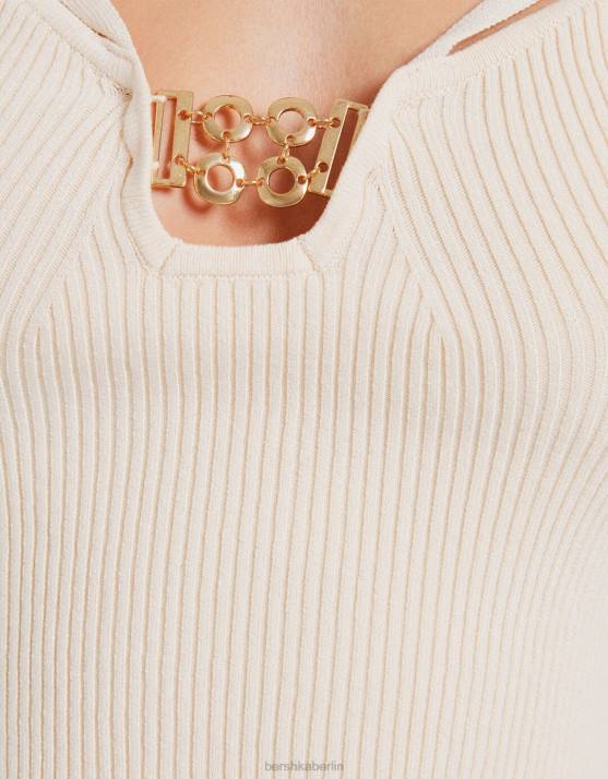 andere Bershka Frauen Strickoberteil mit Ausschnitt und Perlendetail H00J500