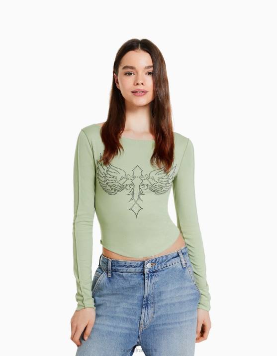 andere Bershka Frauen Tailliertes Langarm-T-Shirt mit Nieten H00J454