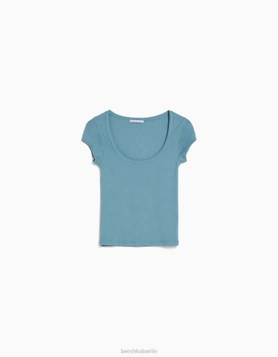 blau verwaschen Bershka Frauen Kurzarm-T-Shirt mit U-Ausschnitt H00J568