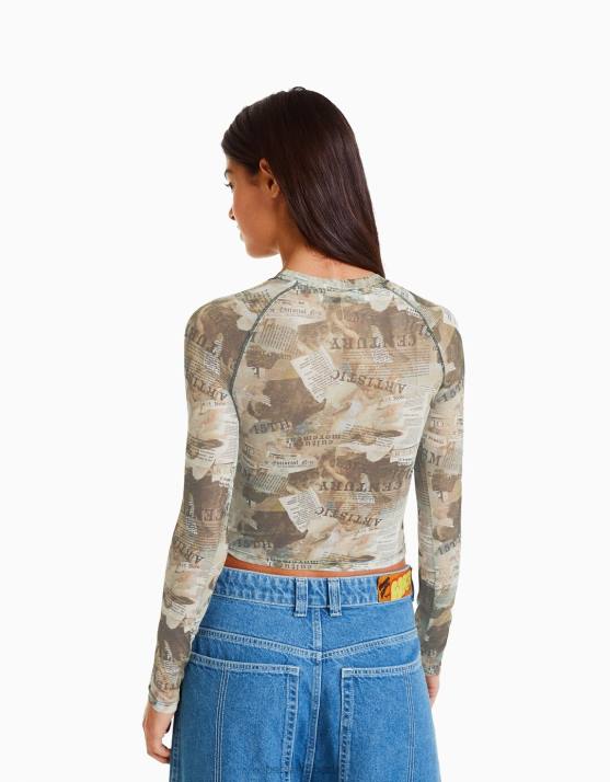 braun Bershka Frauen Langärmliges T-Shirt im Raglanärmel-Stil aus Tüll H00J429