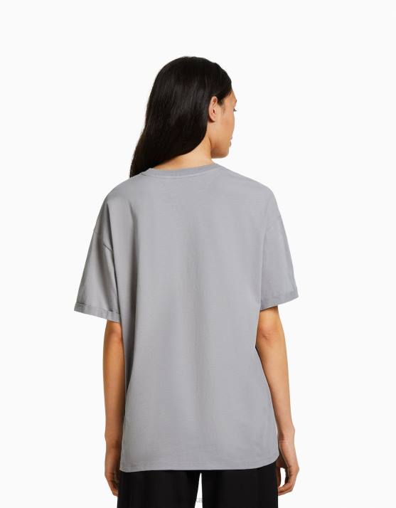 dunkelgrau Bershka Frauen Bedrucktes, kurzärmliges Oversize-T-Shirt H00J431