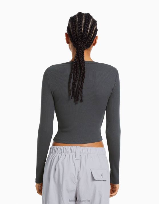 dunkelgrau Bershka Frauen Geripptes Langarm-T-Shirt H00J434