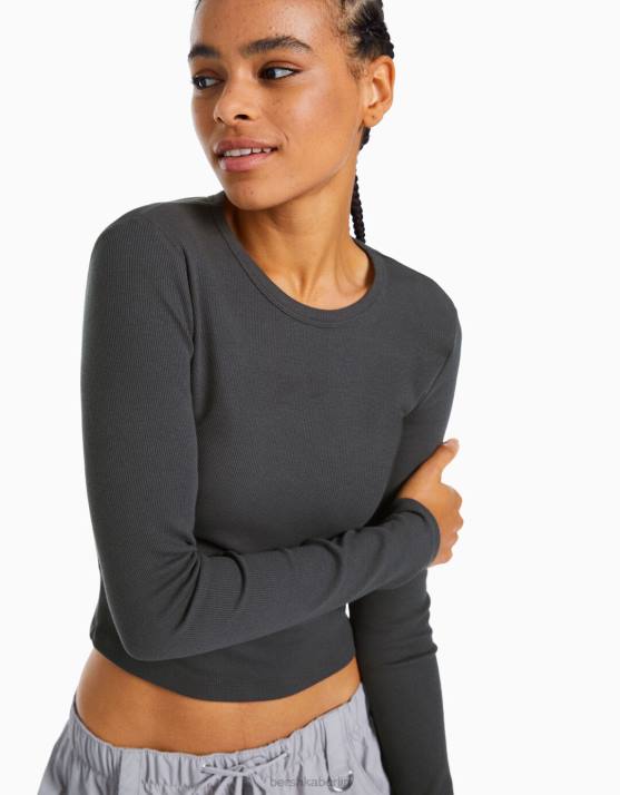 dunkelgrau Bershka Frauen Geripptes Langarm-T-Shirt H00J434