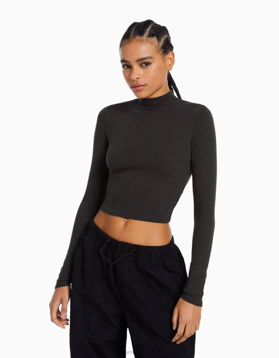dunkelgrau Bershka Frauen Hochgeschlossenes, langärmliges T-Shirt H00J406