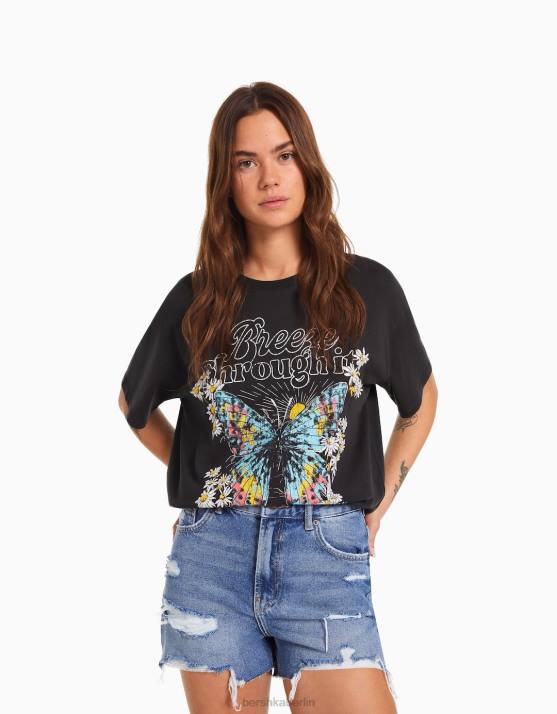 dunkelgrau Bershka Frauen Kurzarm-T-Shirt mit Aufdruck H00J468