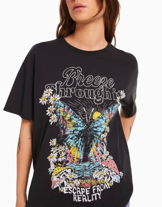 dunkelgrau Bershka Frauen Kurzarm-T-Shirt mit Aufdruck H00J468