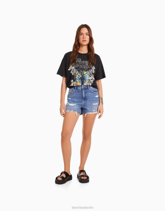dunkelgrau Bershka Frauen Kurzarm-T-Shirt mit Aufdruck H00J468