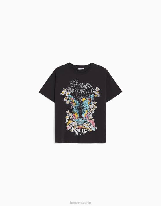 dunkelgrau Bershka Frauen Kurzarm-T-Shirt mit Aufdruck H00J468