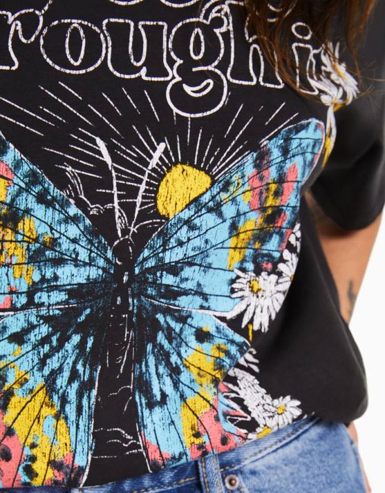 dunkelgrau Bershka Frauen Kurzarm-T-Shirt mit Aufdruck H00J468