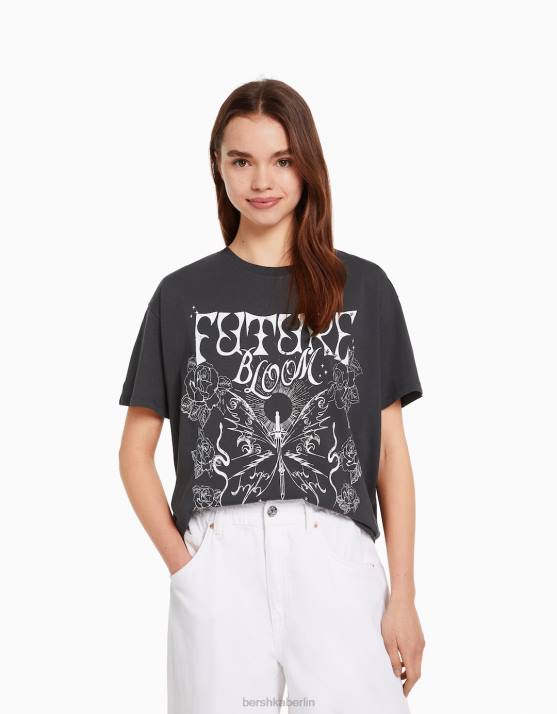 dunkelgrau Bershka Frauen Kurzarm-T-Shirt mit Aufdruck H00J504