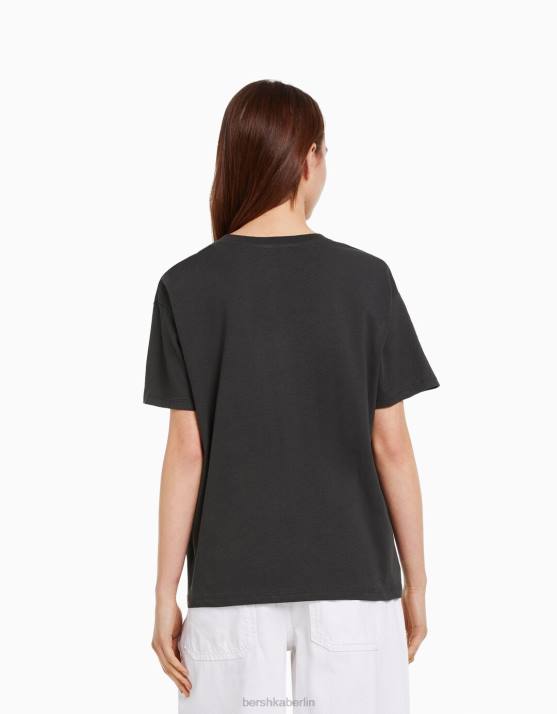 dunkelgrau Bershka Frauen Kurzarm-T-Shirt mit Aufdruck H00J504
