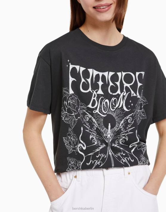 dunkelgrau Bershka Frauen Kurzarm-T-Shirt mit Aufdruck H00J504