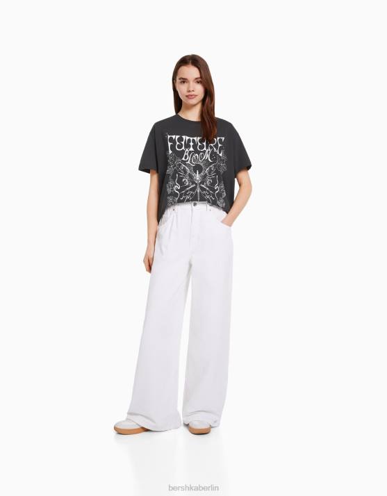 dunkelgrau Bershka Frauen Kurzarm-T-Shirt mit Aufdruck H00J504