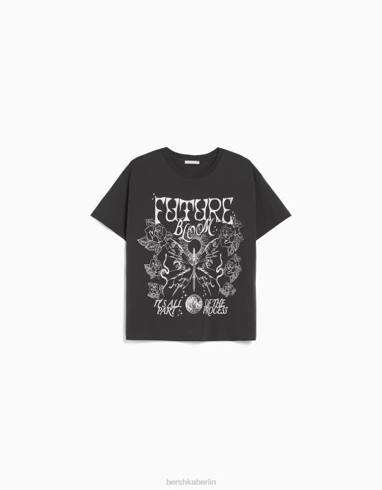 dunkelgrau Bershka Frauen Kurzarm-T-Shirt mit Aufdruck H00J504