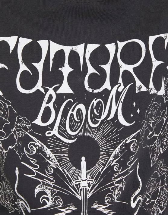 dunkelgrau Bershka Frauen Kurzarm-T-Shirt mit Aufdruck H00J504