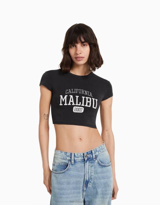 dunkelgrau Bershka Frauen Kurzarm-T-Shirt mit Print H00J492