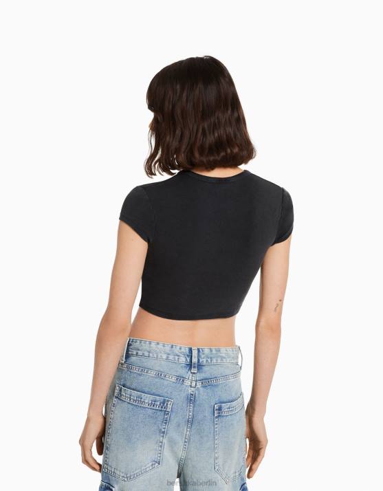 dunkelgrau Bershka Frauen Kurzarm-T-Shirt mit Print H00J492