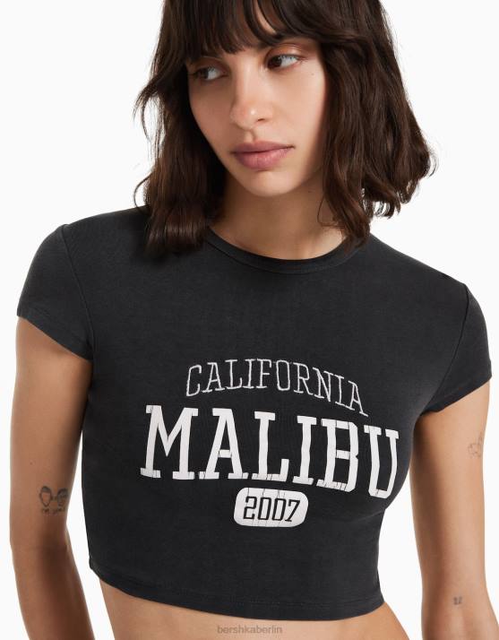 dunkelgrau Bershka Frauen Kurzarm-T-Shirt mit Print H00J492