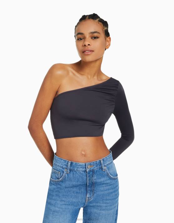 dunkelgrau Bershka Frauen Langärmliges, asymmetrisches T-Shirt H00J384