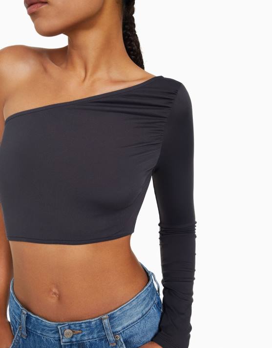 dunkelgrau Bershka Frauen Langärmliges, asymmetrisches T-Shirt H00J384