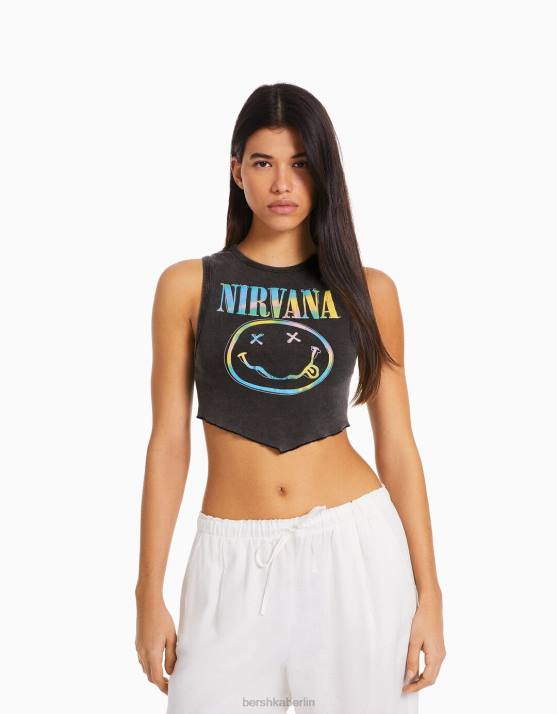 dunkelgrau Bershka Frauen Ärmelloses T-Shirt mit Nirvana-Print H00J291