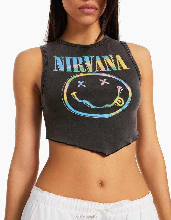 dunkelgrau Bershka Frauen Ärmelloses T-Shirt mit Nirvana-Print H00J291