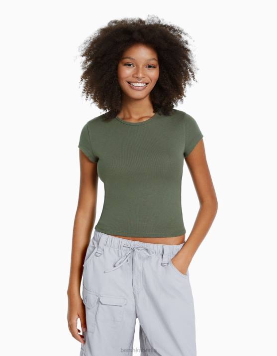 exklusiv Bershka Frauen Geripptes Kurzarm-T-Shirt H00J345